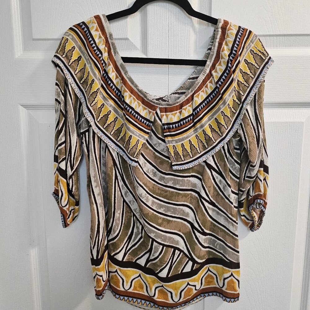 CHICO'S. Geometric Multicolor. Off The Shoulder. Blouse. Gently Used. Size: L